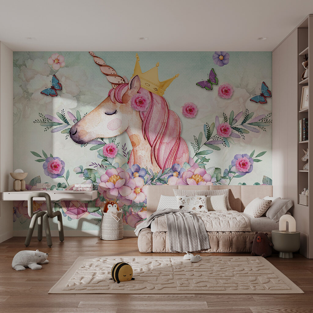 Watercolor unicorn with a crown and flowers