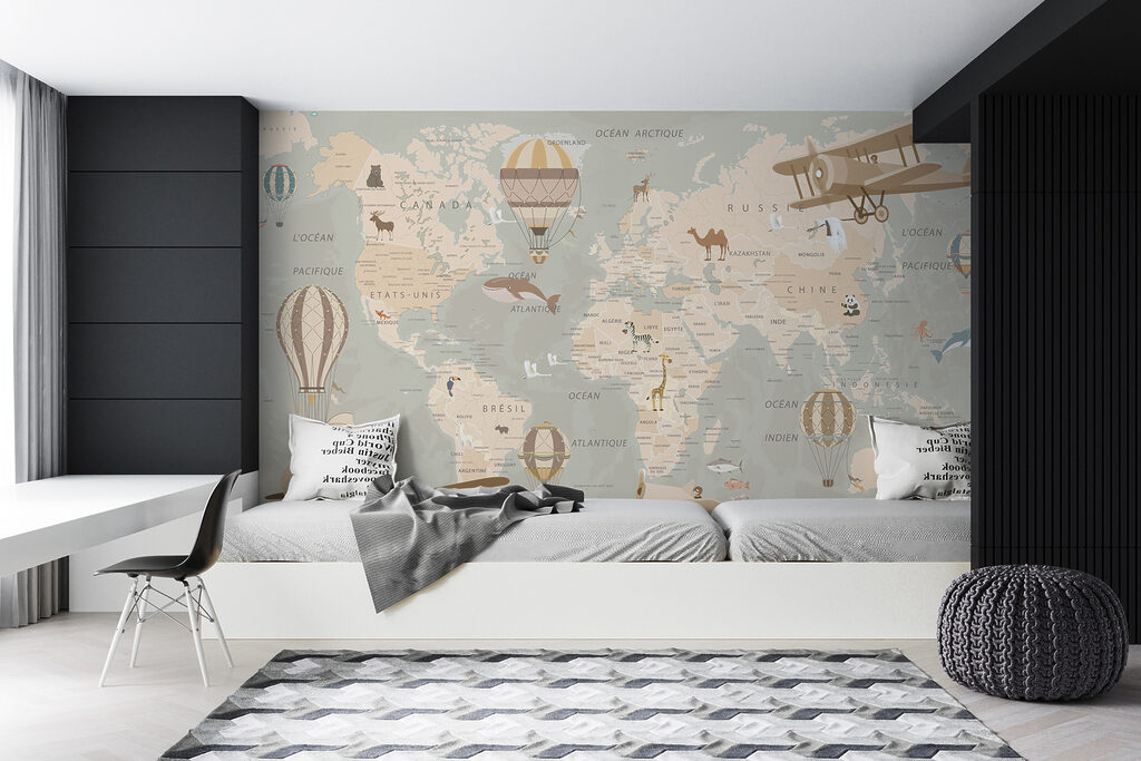 Map of the world with airplanes and hot air balloons