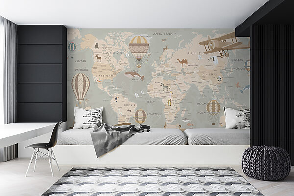 Mappa del mondo con aerei e mongolfiere Mappa del mondo con aerei e mongolfiere