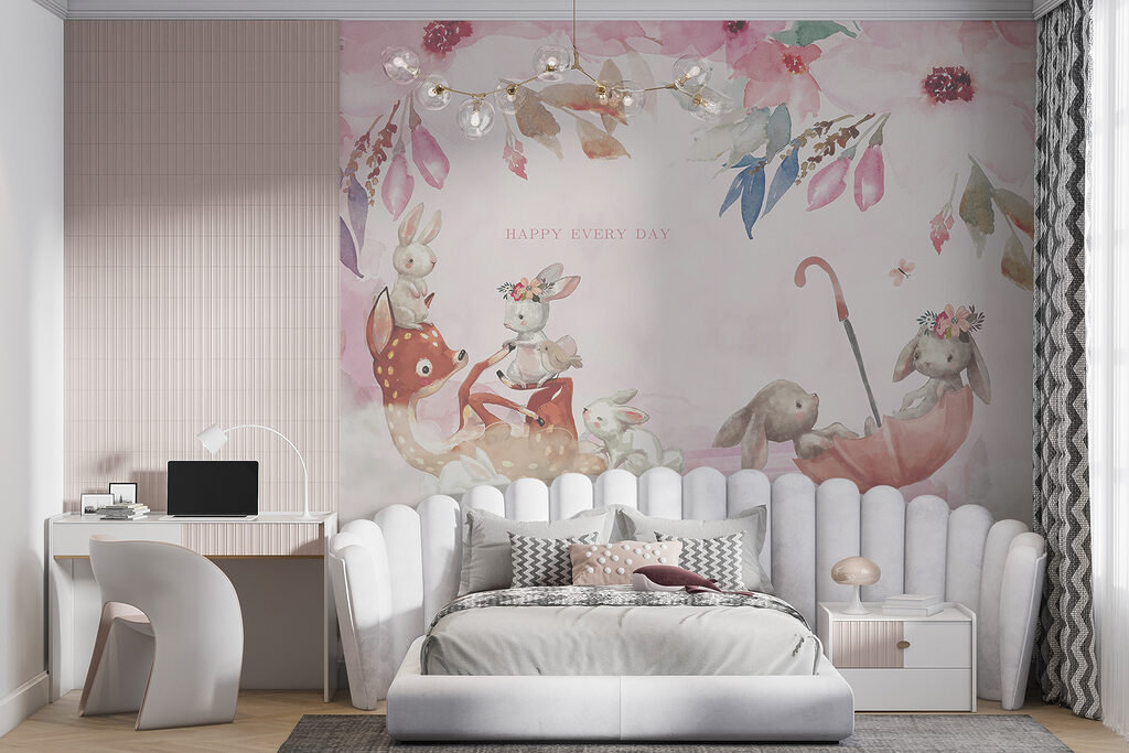 Group of bunnies in an umbrella