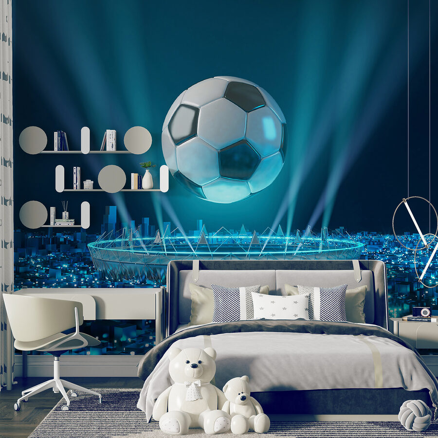Pallone da calcio sopra uno stadio