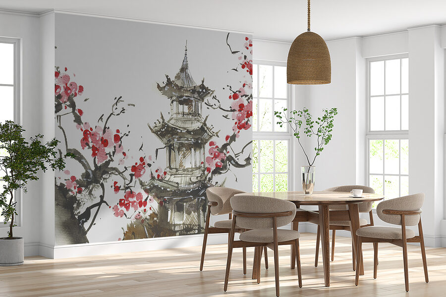 Pittura di una pagoda e fiori di ciliegio Pittura di una pagoda e fiori di ciliegio