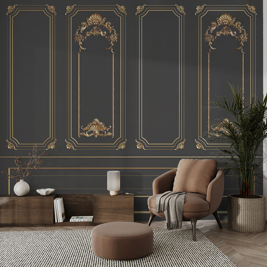 Eleganti pannelli neri con accenti ornamentali.