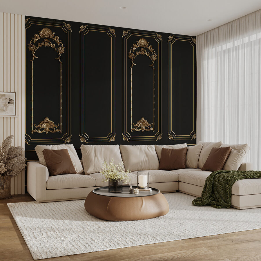 Eleganti pannelli neri con accenti ornamentali.