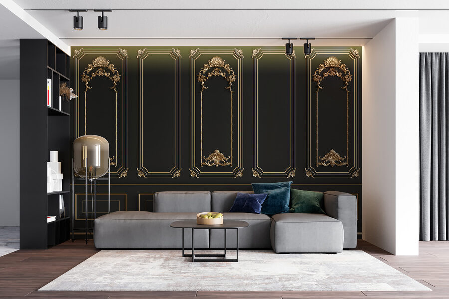 Eleganti pannelli neri con accenti ornamentali.