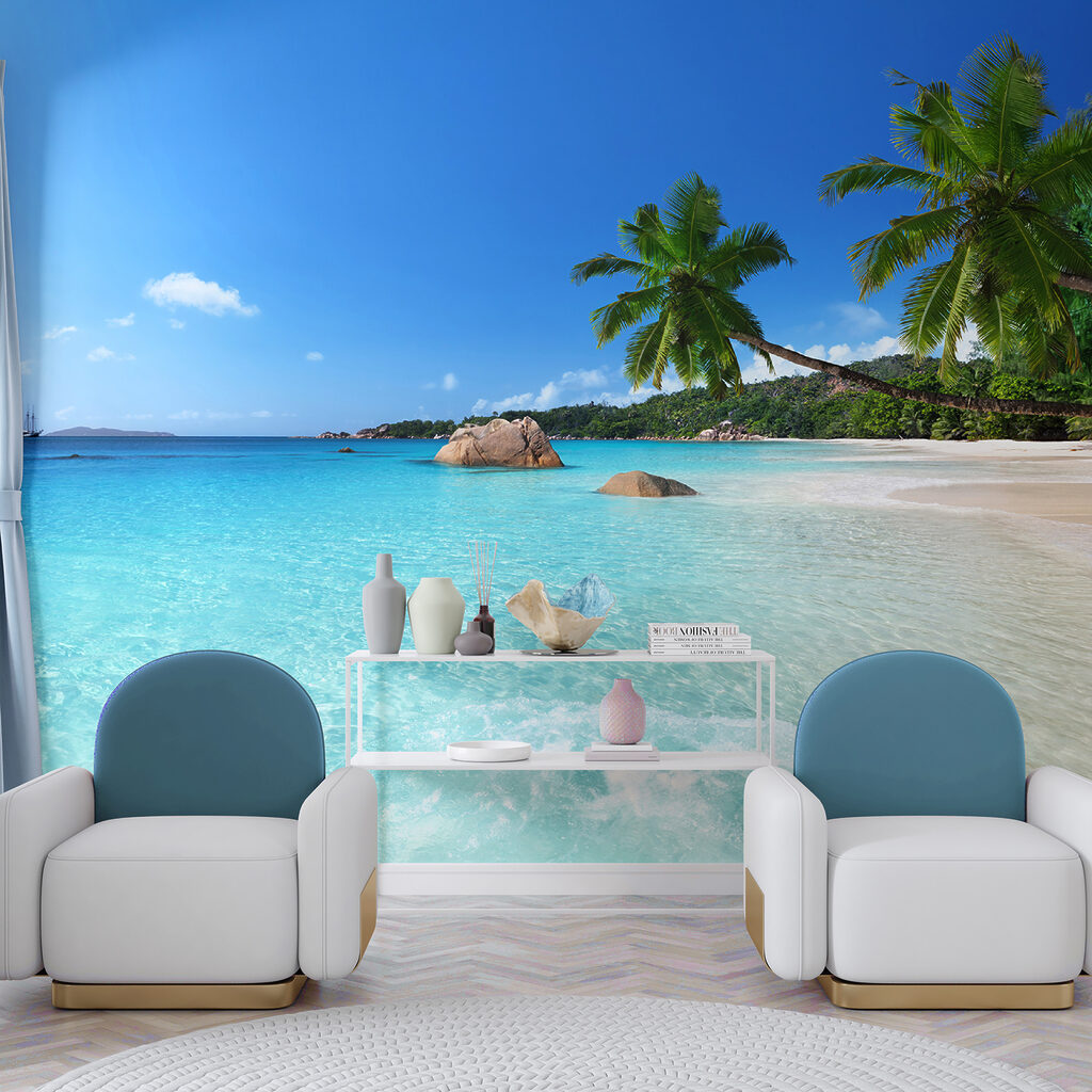 Beach with palm trees and blue water