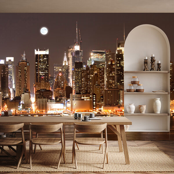 Lo skyline della città di notte con la luna in cielo Lo skyline della città di notte con la luna in cielo