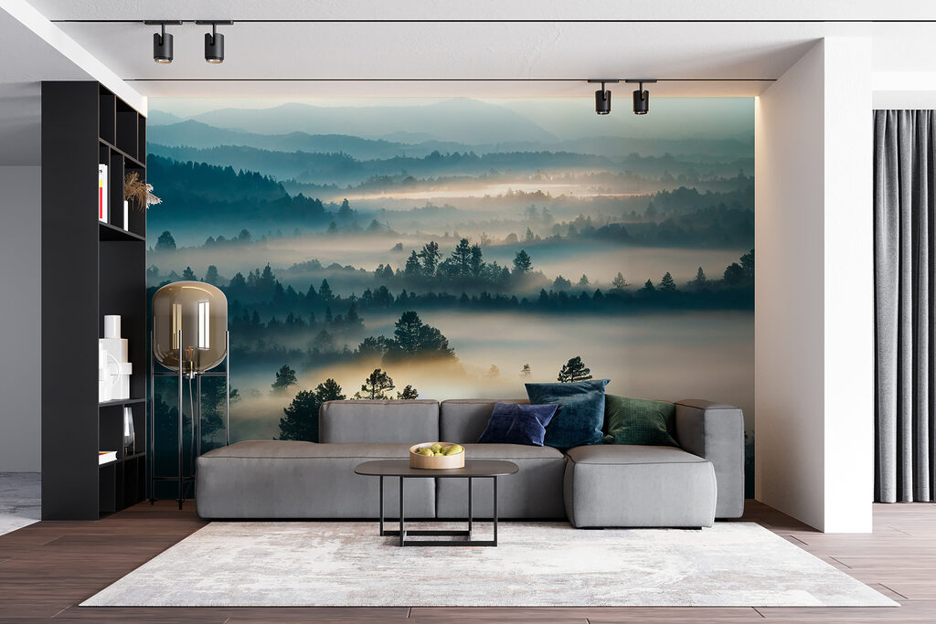 Foggy landscape with trees and mountains Foggy landscape with trees and mountains