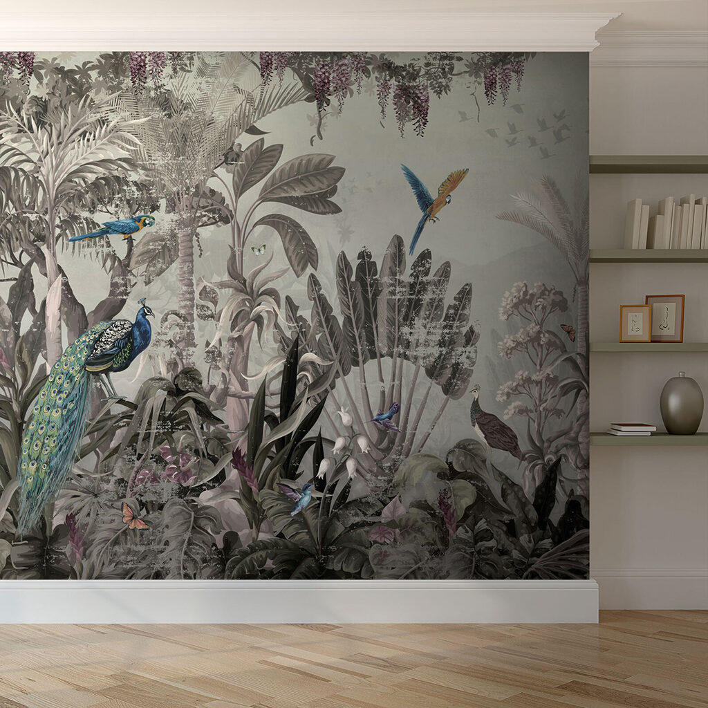 Wallpaper with birds and plants