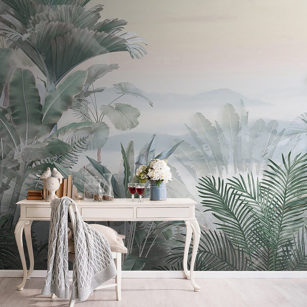 Foggy landscape with plants