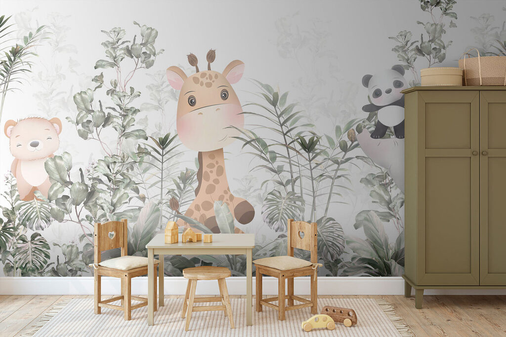 Giraffe and panda in a forest