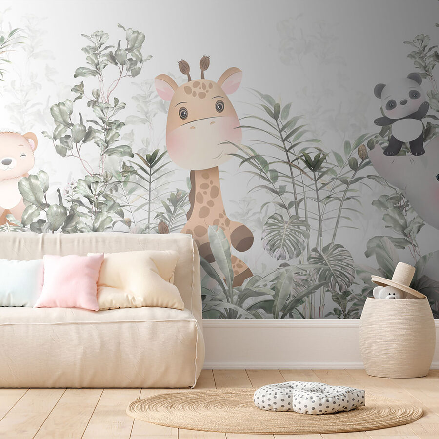 Giraffa e panda in una foresta