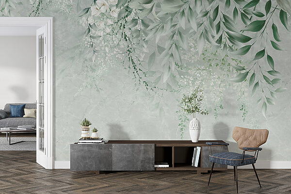 Fiori bianchi e foglie verdi su sfondo bianco Fiori bianchi e foglie verdi su sfondo bianco