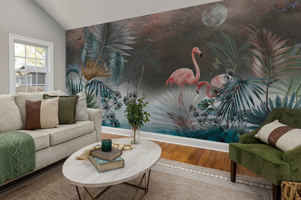 Painting of flamingos and plants