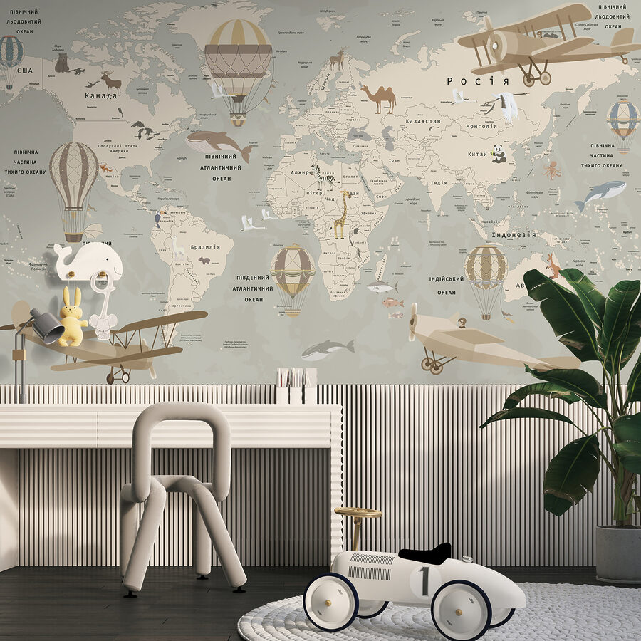 Mappa del mondo con aerei e animali