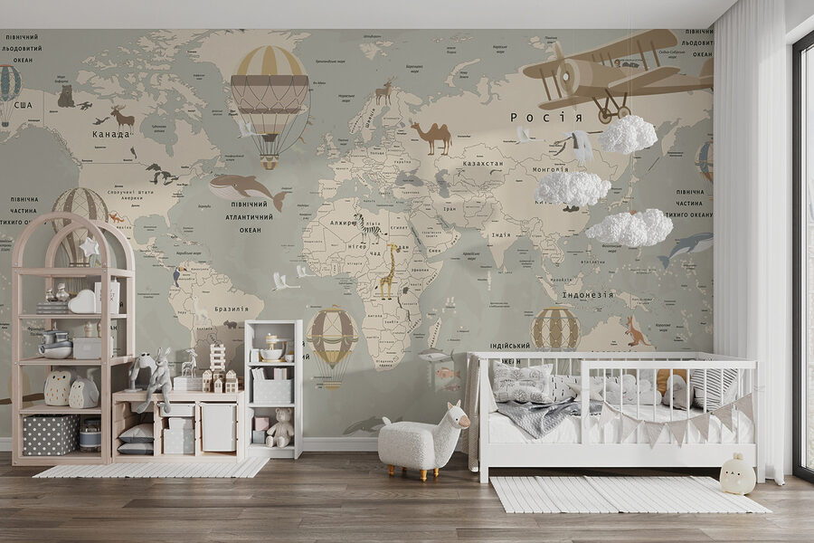 Mappa del mondo con aerei e animali