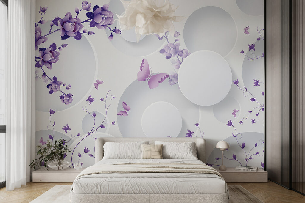 Purple flowers and white circles with purple butterflies