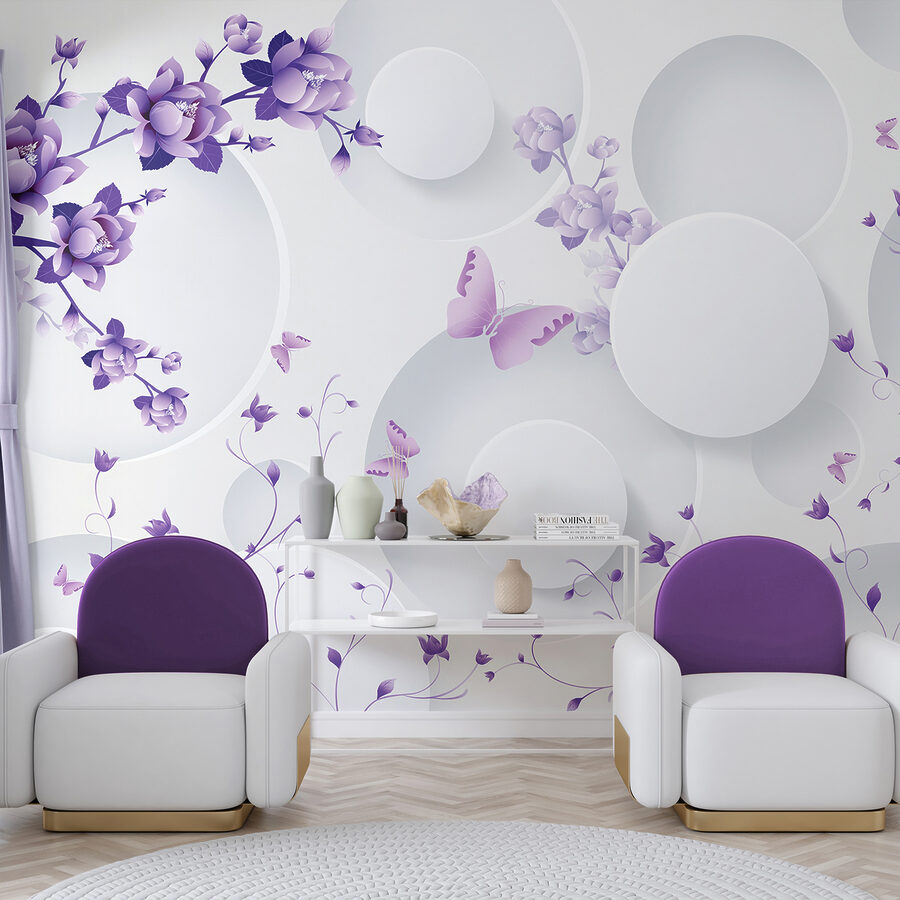 Fiori viola e cerchi bianchi con farfalle viola