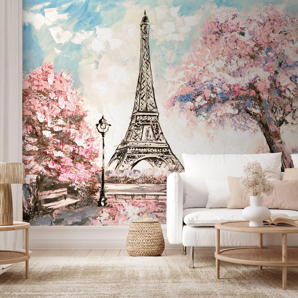 Painting of a tower with pink flowers