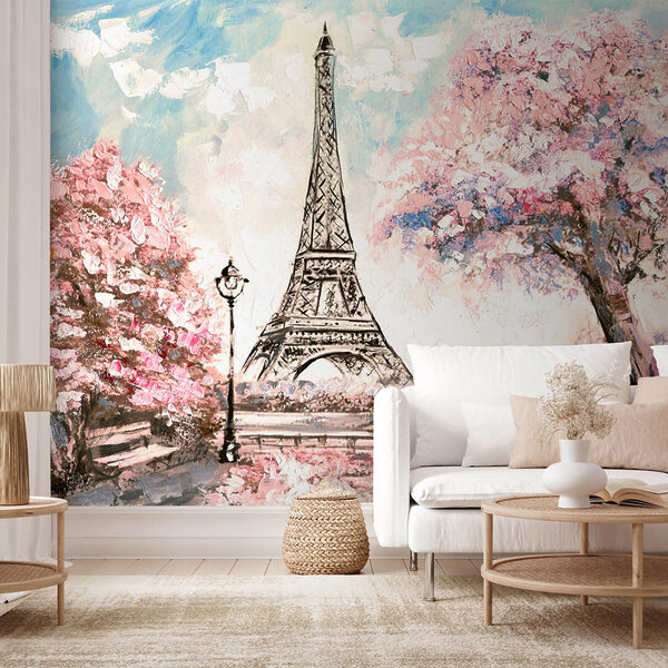 Pittura di una torre con fiori rosa Pittura di una torre con fiori rosa