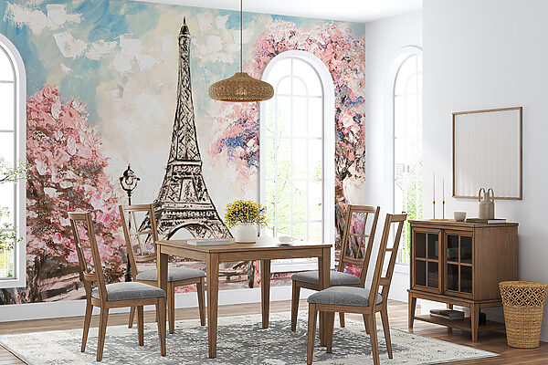 Pittura di una torre con fiori rosa Pittura di una torre con fiori rosa
