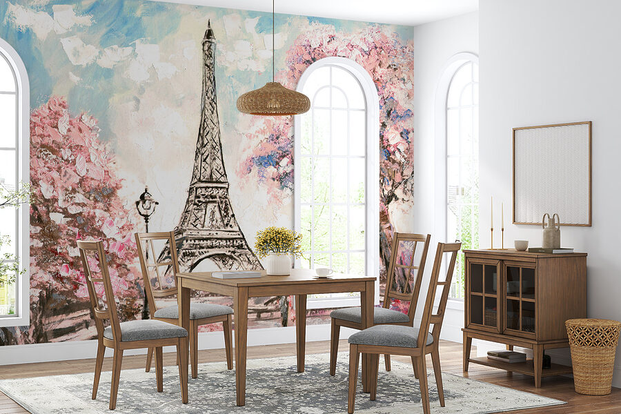 Pittura di una torre con fiori rosa