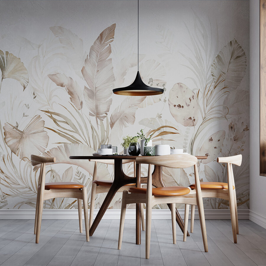 Eleganti elementi botanici in tonalità tenui.