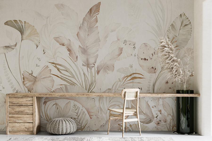 Eleganti elementi botanici in tonalità tenui.