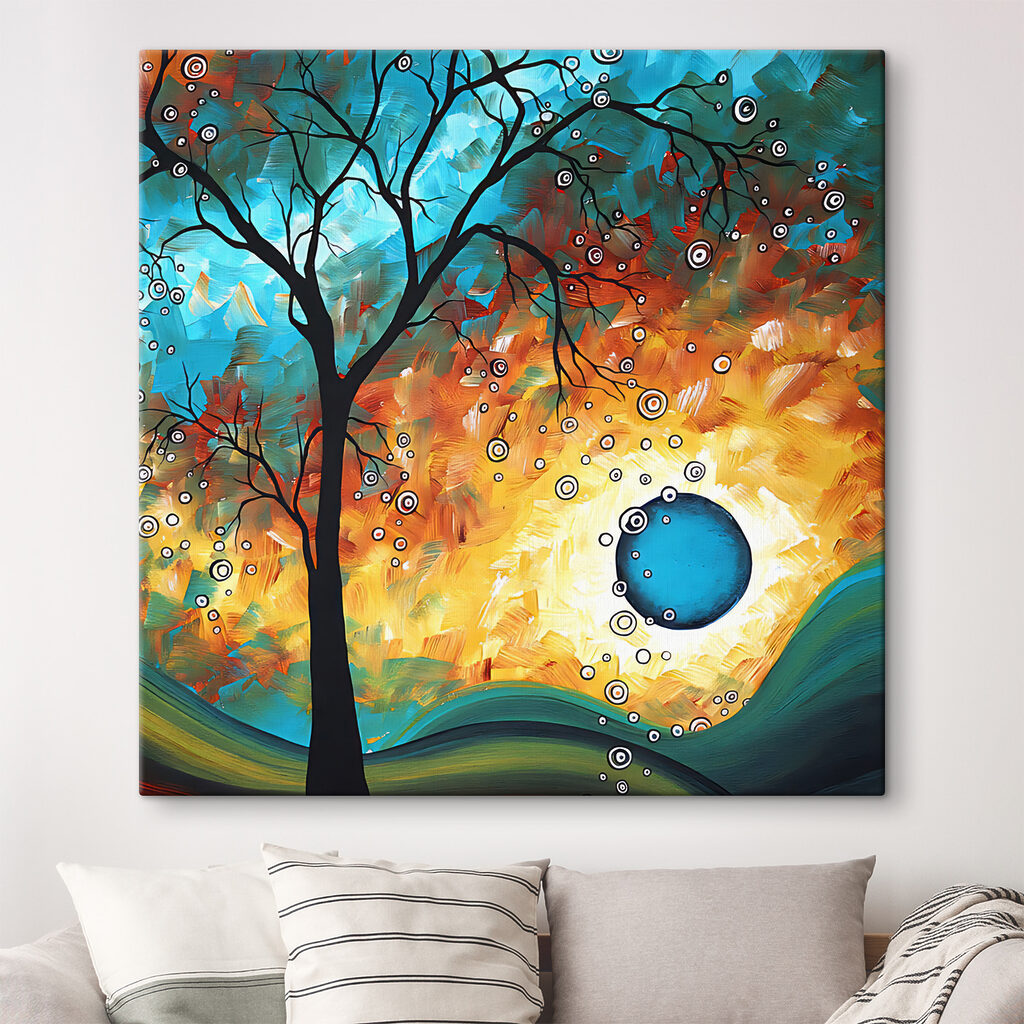 A painting of a tree and a sunset A painting of a tree and a sunset