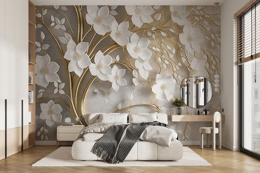 Albero con fiori e foglie bianche
