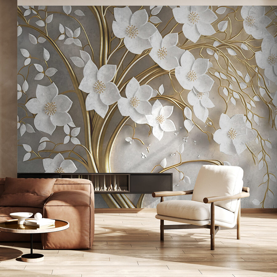 Albero con fiori e foglie bianche