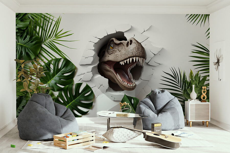 Testa di dinosauro che esce da un buco nel muro Testa di dinosauro che esce da un buco nel muro