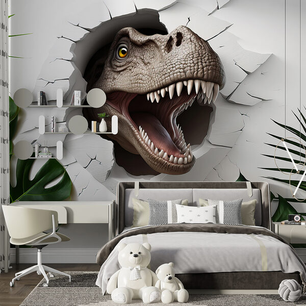 Testa di dinosauro che esce da un buco nel muro Testa di dinosauro che esce da un buco nel muro