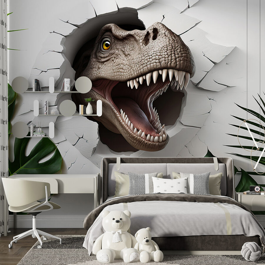 Testa di dinosauro che esce da un buco nel muro Testa di dinosauro che esce da un buco nel muro