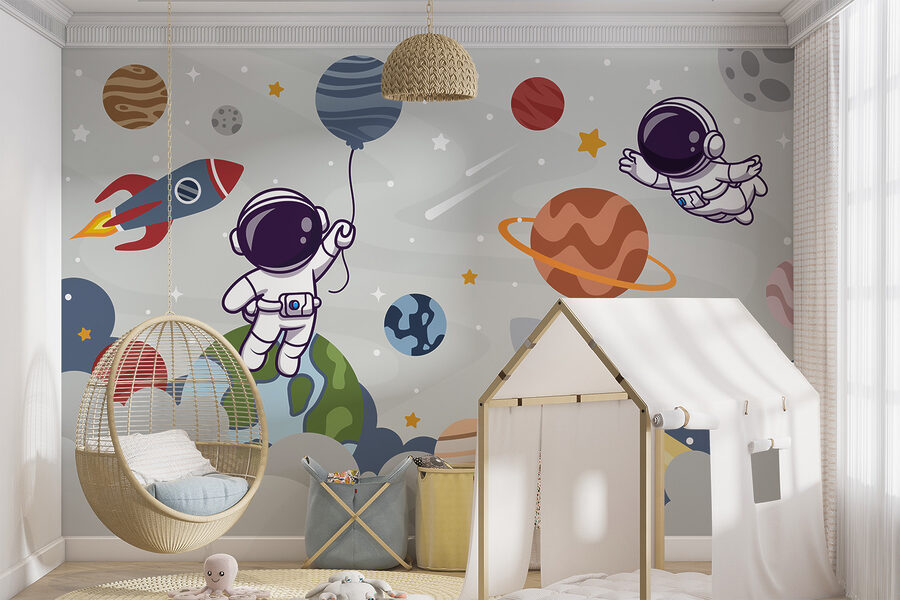 Carta da parati Cartone animato astronauta nello spazio con pianeti e razzo che vola nel cielo - immagine 5
