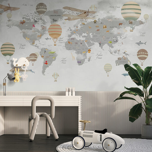 Mappa del mondo con animali e mongolfiere Mappa del mondo con animali e mongolfiere