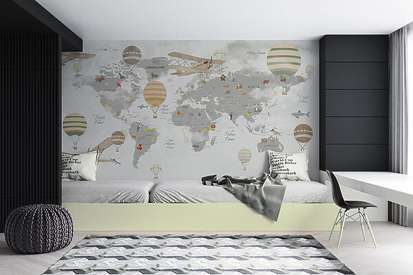 Mappa del mondo con animali e mongolfiere Mappa del mondo con animali e mongolfiere