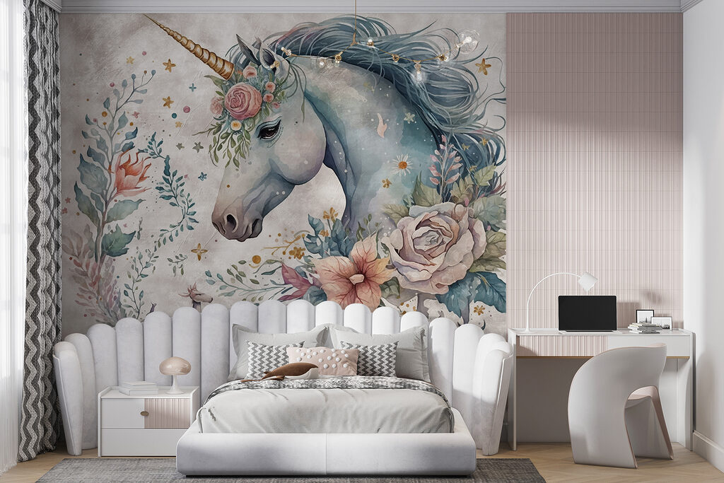 Unicorn with flowers and leaves
