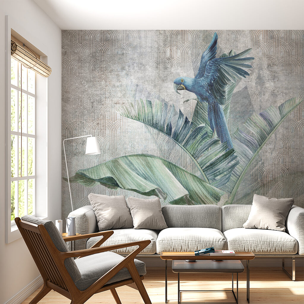 Blue parrot on a banana leaf