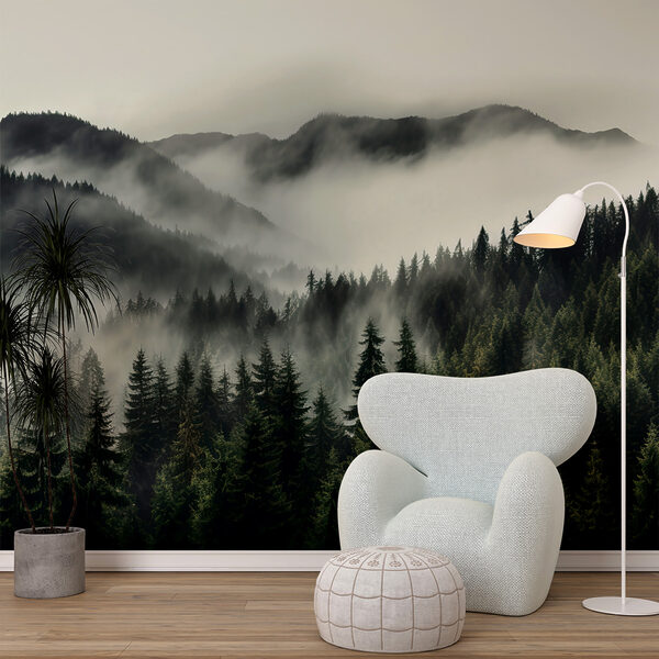 Foresta con nebbia e montagne Foresta con nebbia e montagne