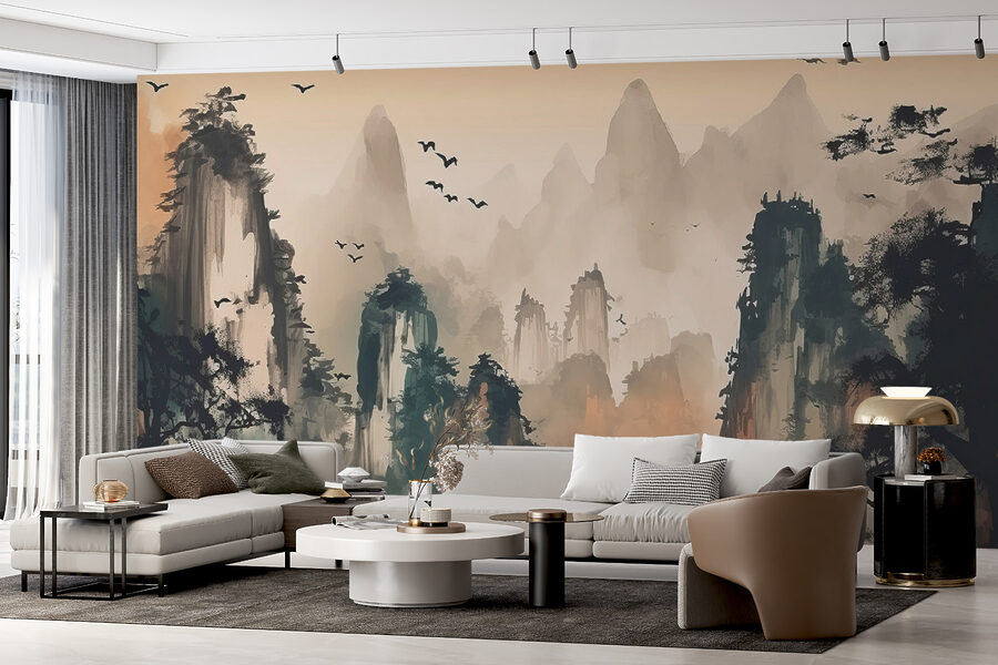 Pittura di montagne e alberi