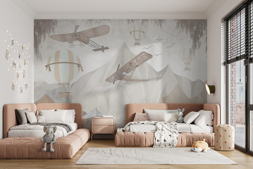 Painting of airplanes flying over mountains