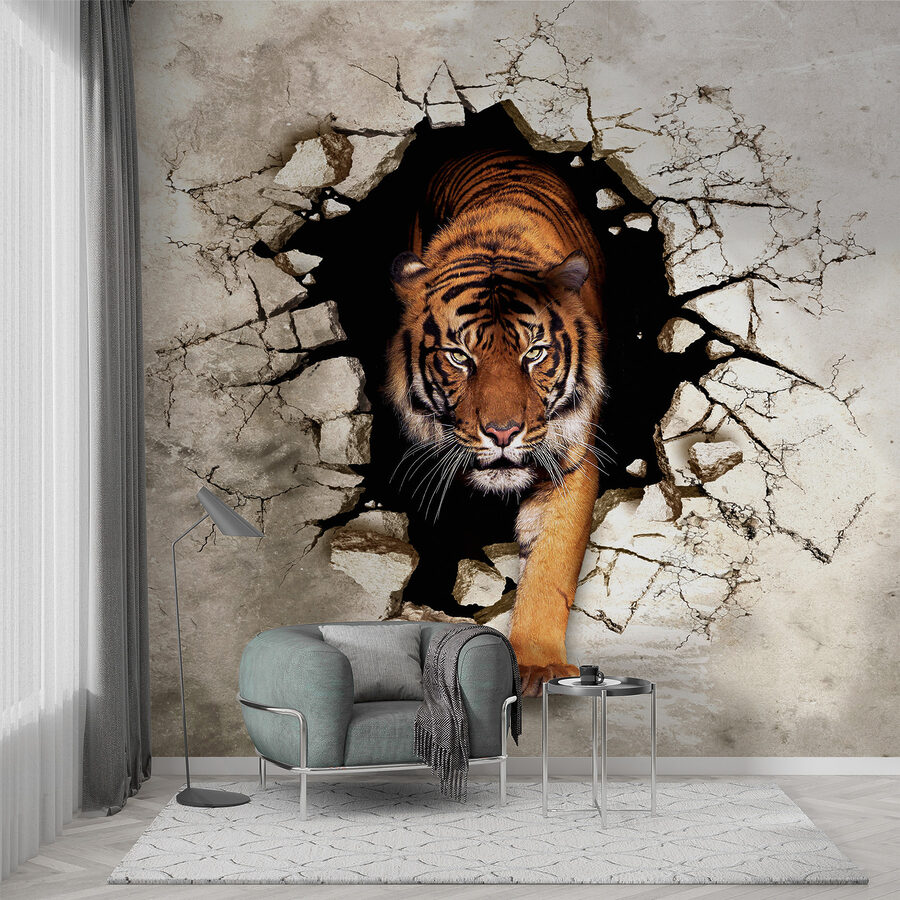 La tigre che esce da un buco nel muro