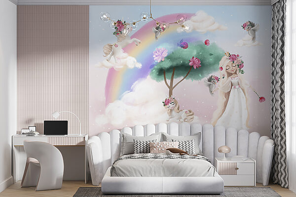 Cartone animato di una ragazza con fiori sui capelli e un arcobaleno Cartone animato di una ragazza con fiori sui capelli e un arcobaleno