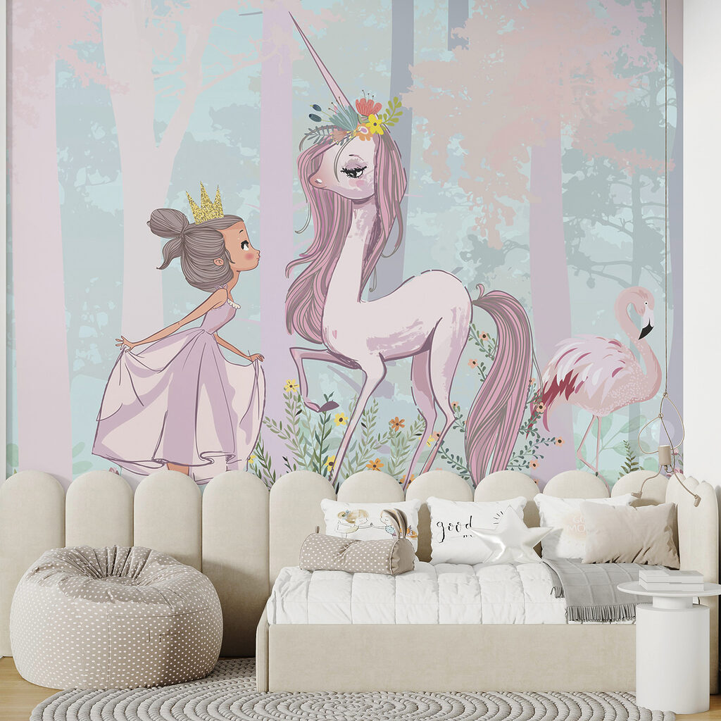 A cartoon of a girl and a unicorn in a forest