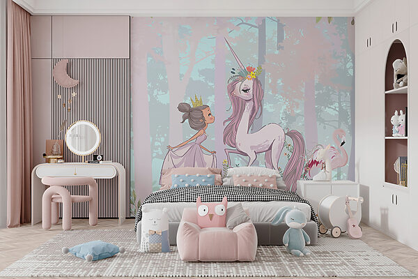 Un cartone animato di una ragazza e un unicorno in una foresta Un cartone animato di una ragazza e un unicorno in una foresta