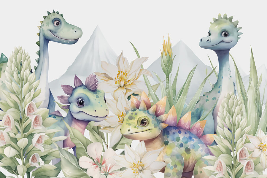 Gruppo di dinosauri circondati da fiori