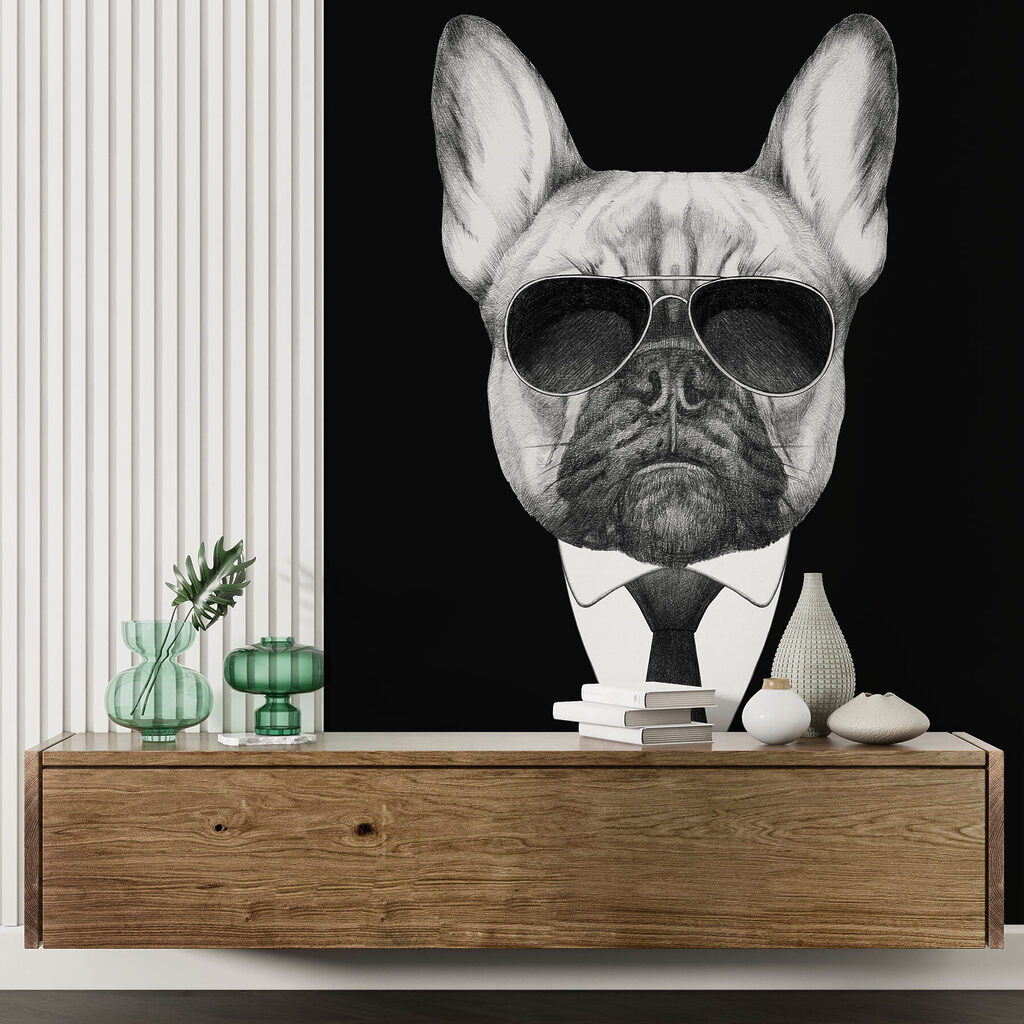 A dog wearing sunglasses and a suit