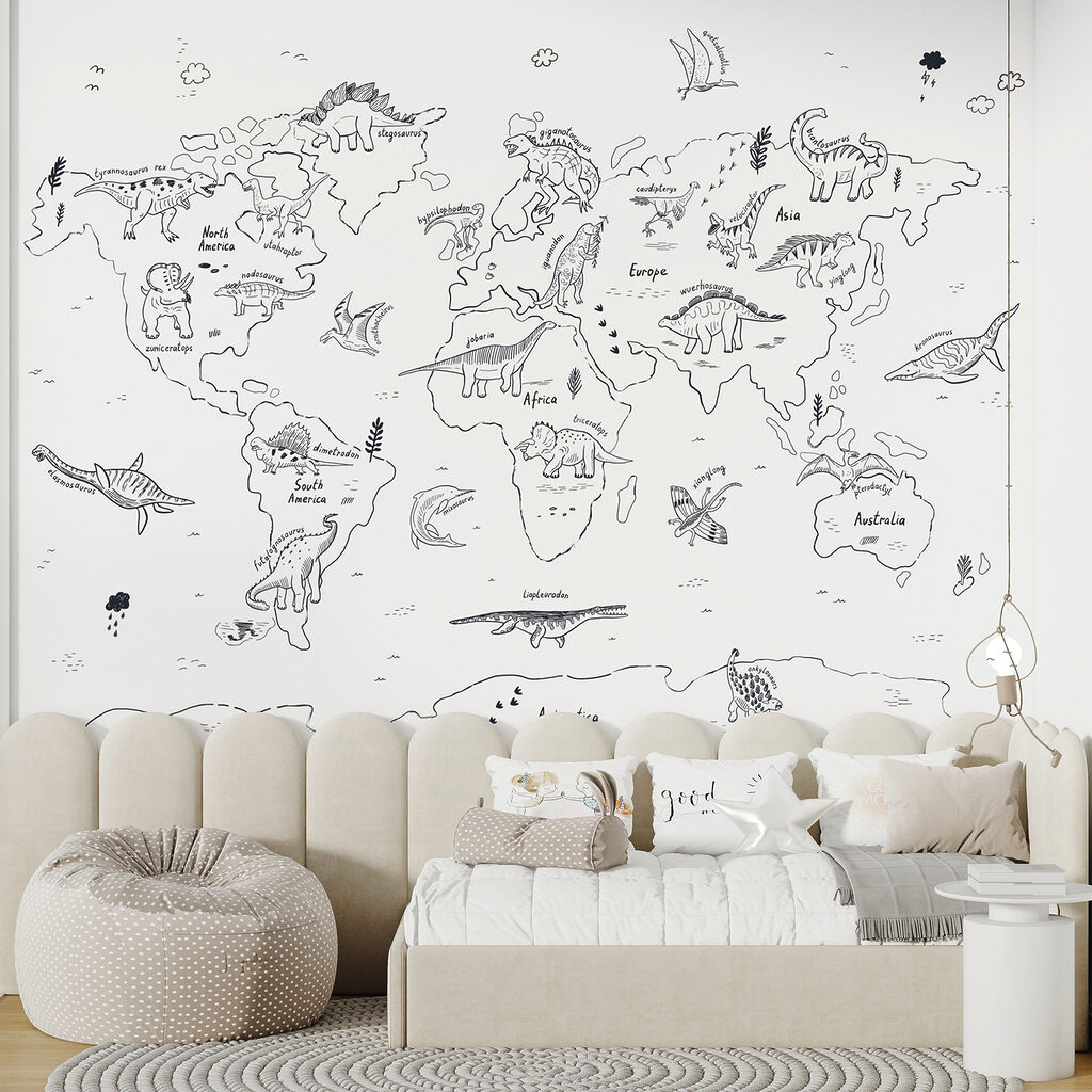 A map of the world with dinosaurs