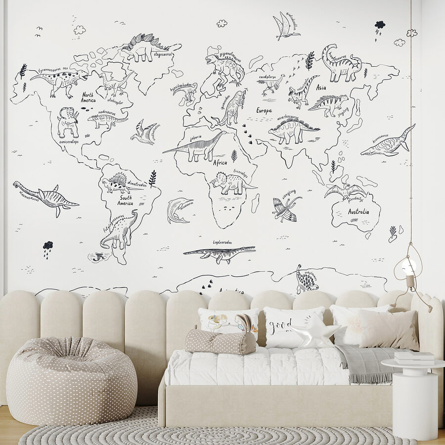 Una mappa del mondo con i dinosauri